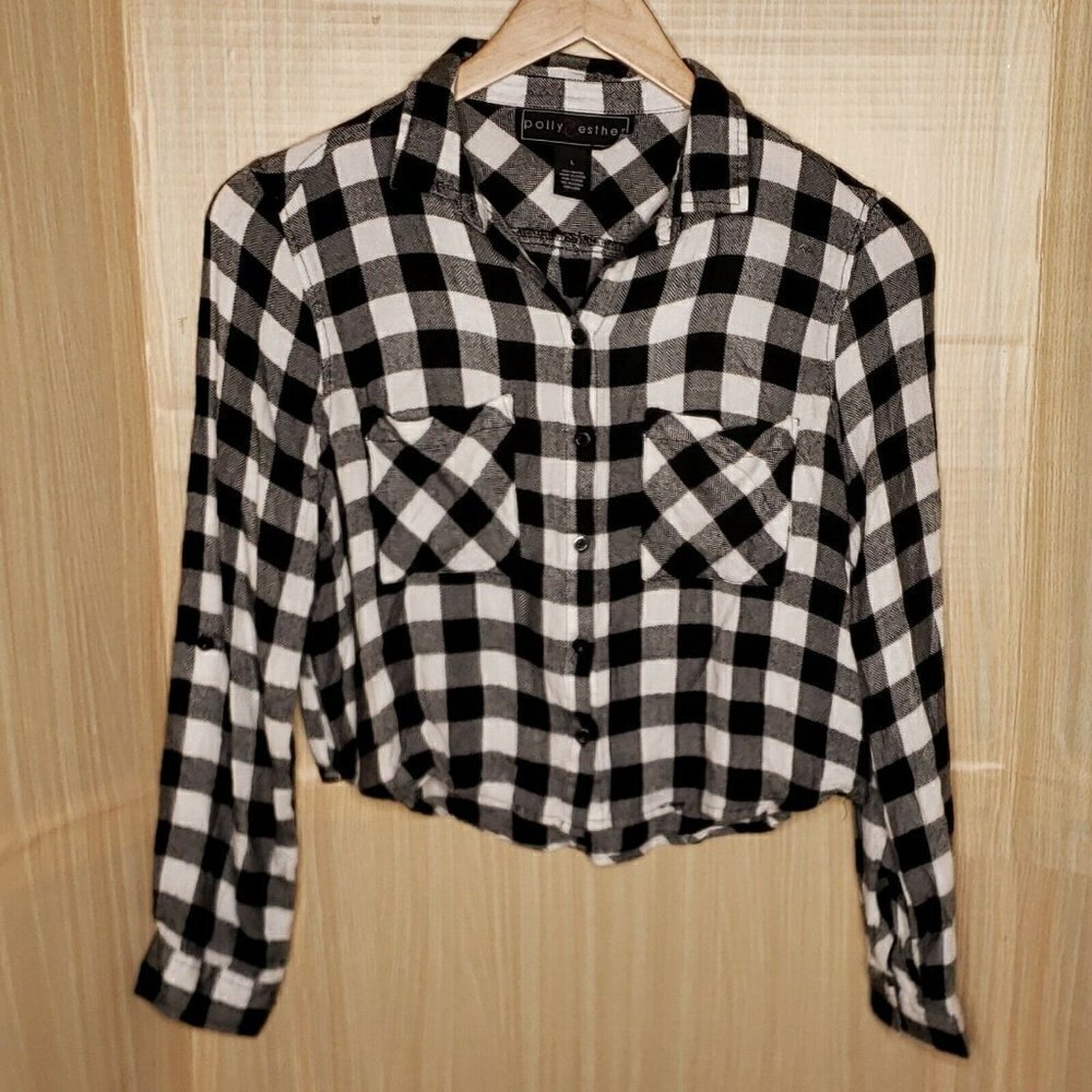 Poly & Esther Women's Buffalo Check Cropped Long Sleeve Top Large